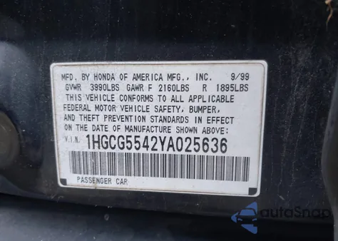 2000 Honda Accord 2.3 Lx из США, поврежденный, VIN 1HGCG5542YA025636